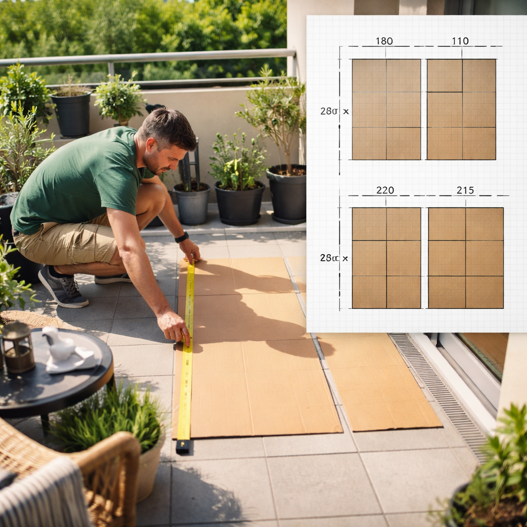 Platzcheck: Eine Person mit Maßband und Kartonstücken simuliert die Modulfläche auf einem Balkon, daneben eine einfache Skizze mit Maßen.