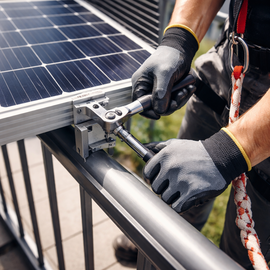 Montage-detail: Nahaufnahme: Person zieht Modulverschraubung an einer Geländermontage nach, Handschuhe und Sicherungsseile sichtbar.