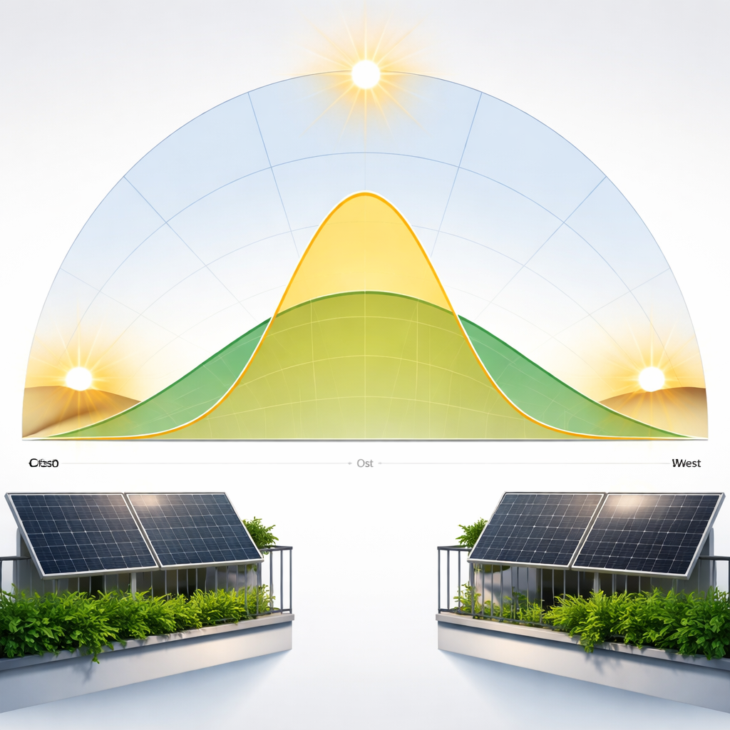 Schemazeichnung mit Sonnenstand: Morgen links (Ost), Mittag oben, Abend rechts (West); Kurvenverlauf von Süd vs Ost‑West visualisiert (Süd hoher Peak, Ost‑West breiter Bogen)