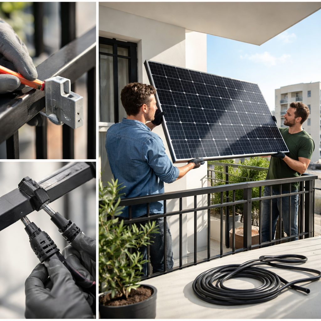 Fotoreihe: Montage eines Moduls am Geländer — Markierung von Befestigungspunkten, Anheben mit zwei Personen, Kabeldurchführung getrennt dargestellt