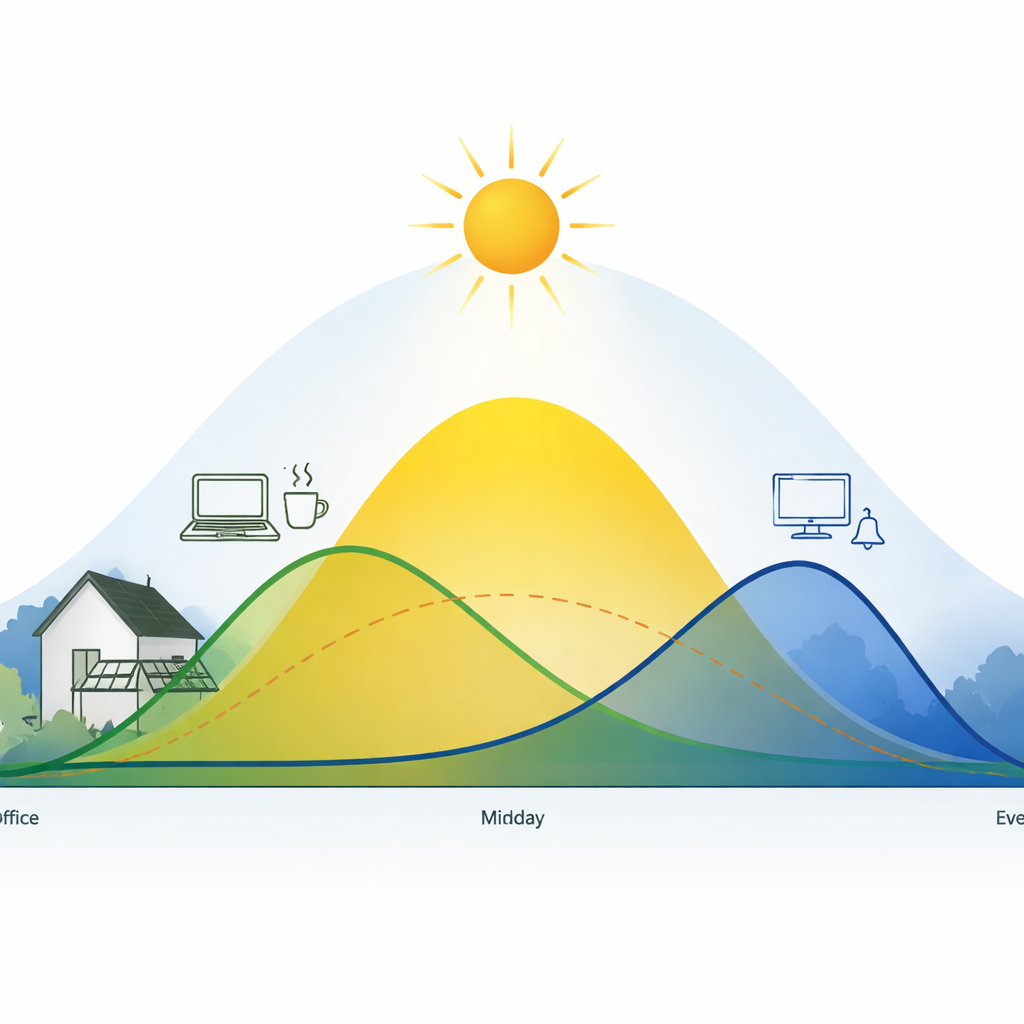 Diagramm: vereinfachter Tagesverlauf mit Erzeugungskurve einer Mini-Solaranlage (Peak mittags) und zwei Beispielverbrauchsprofilen (Homeoffice vs. Abendverbrauch)