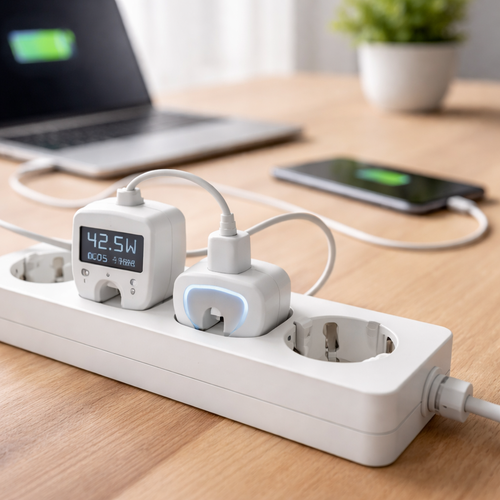 Foto einer Steckdosenleiste mit Energiemessgerät und einer smarten Steckdose, im Hintergrund ein Laptop und ein Smartphone beim Laden (nutzt Bild für 'Hilfsmittel' Abschnitt)