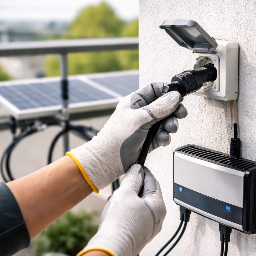 Person zieht mit Schutzhandschuhen vorsichtig den Stecker eines Wechselrichters aus der Steckdose, gut sichtbar: Wechselrichter ausgeschaltet