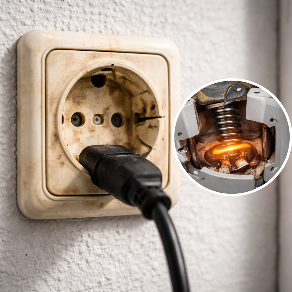 Nahaufnahme einer alten, leicht vergilbten Schuko-Steckdose mit sichtbaren Gebrauchsspuren und leichtem Spiel, Darstellung einer losen Feder im Schnittbild