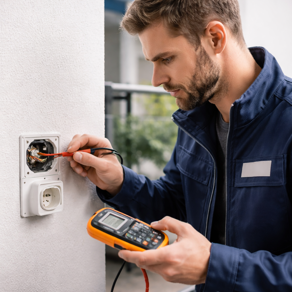Elektrofachkraft (mit Firmen-Logo auf Jacke) überprüft Steckdose, offenstehende Unterputzdose sichtbar; Messgerät in der Hand
