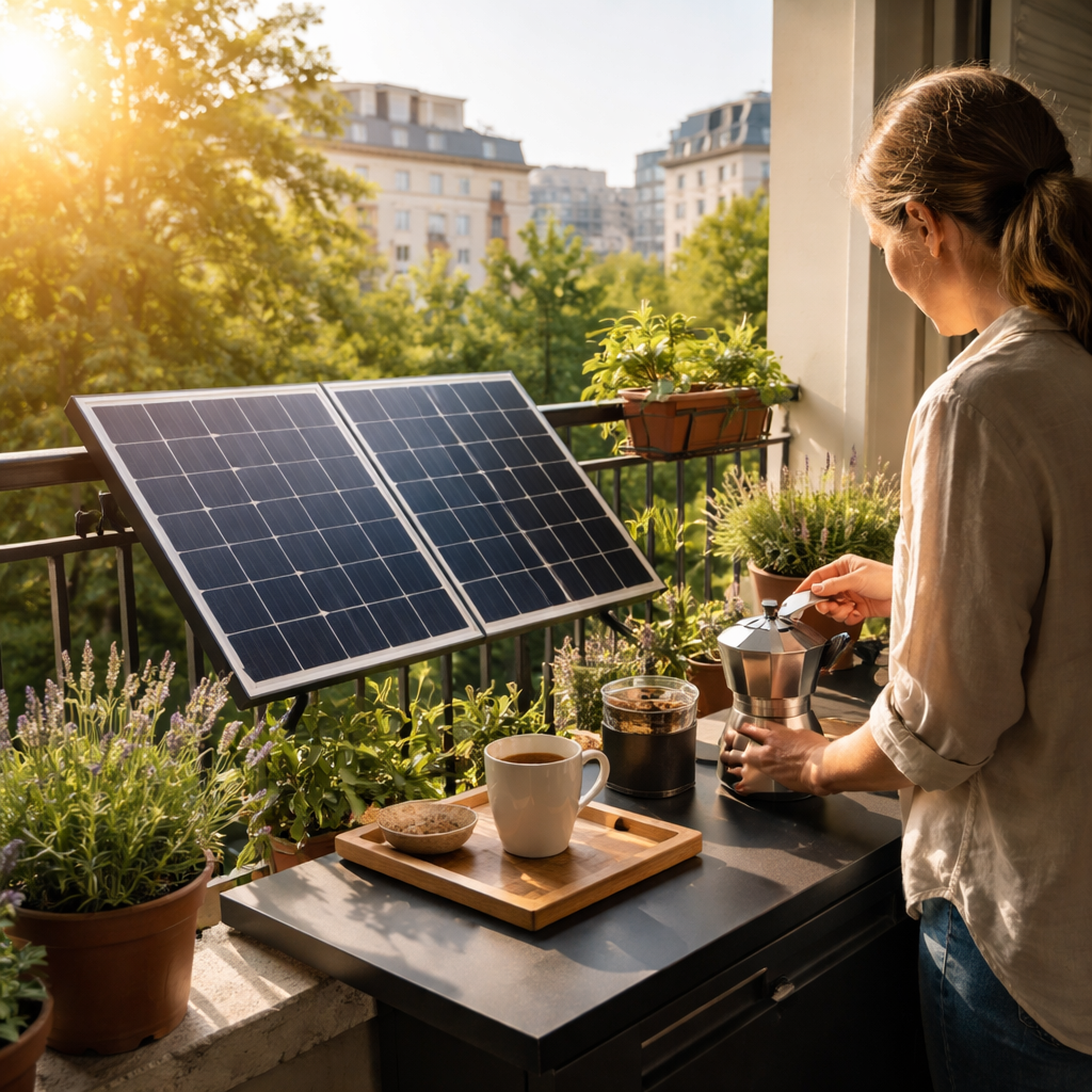 Foto einer kleinen Balkonanlage mit Sonnenlicht von links (Morgen) und einer Person, die gerade Kaffee kocht, um den direkten Verbrauch zu visualisieren