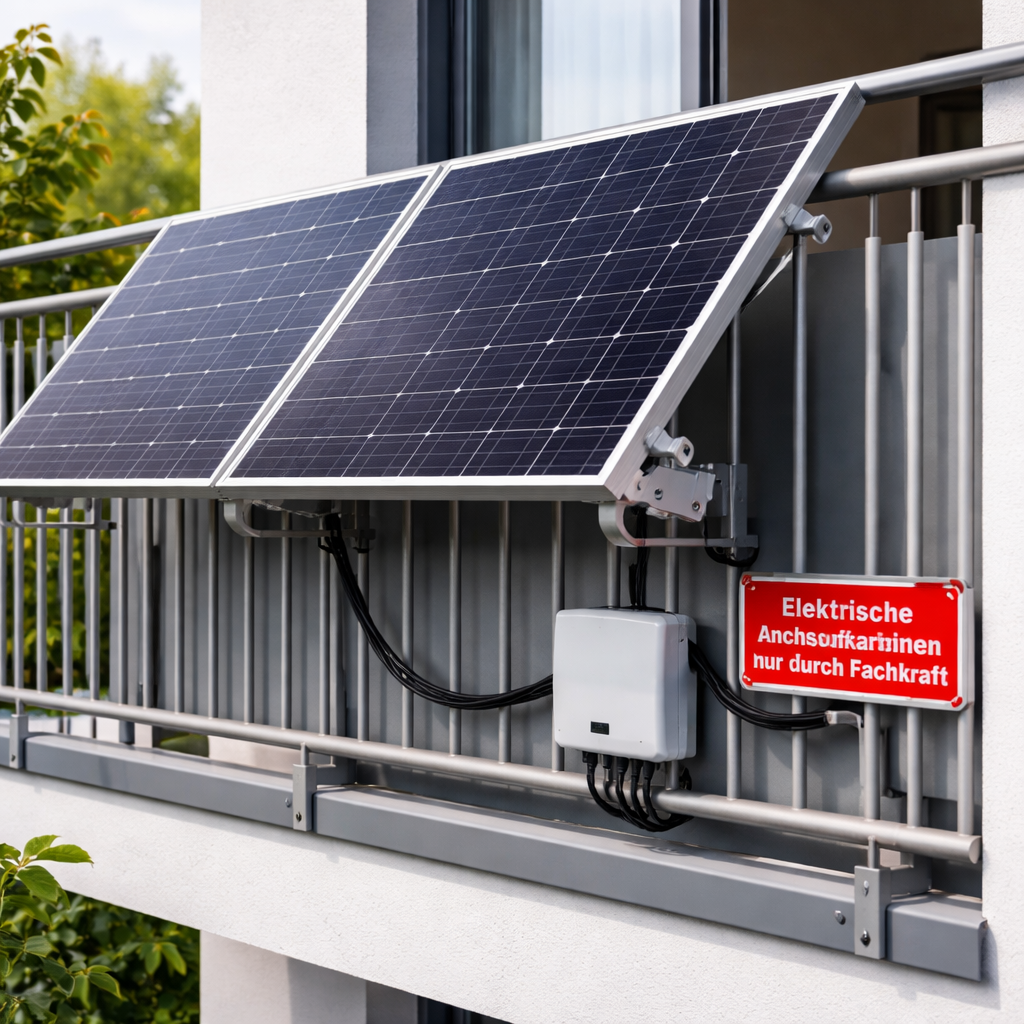 Foto einer sicheren Balkonmontage mit stabilen Halterungen und sauber verlegten Kabeln; zusätzlich ein rotes Schild mit Hinweis 'Elektrische Anschlussarbeiten nur durch Fachkraft'