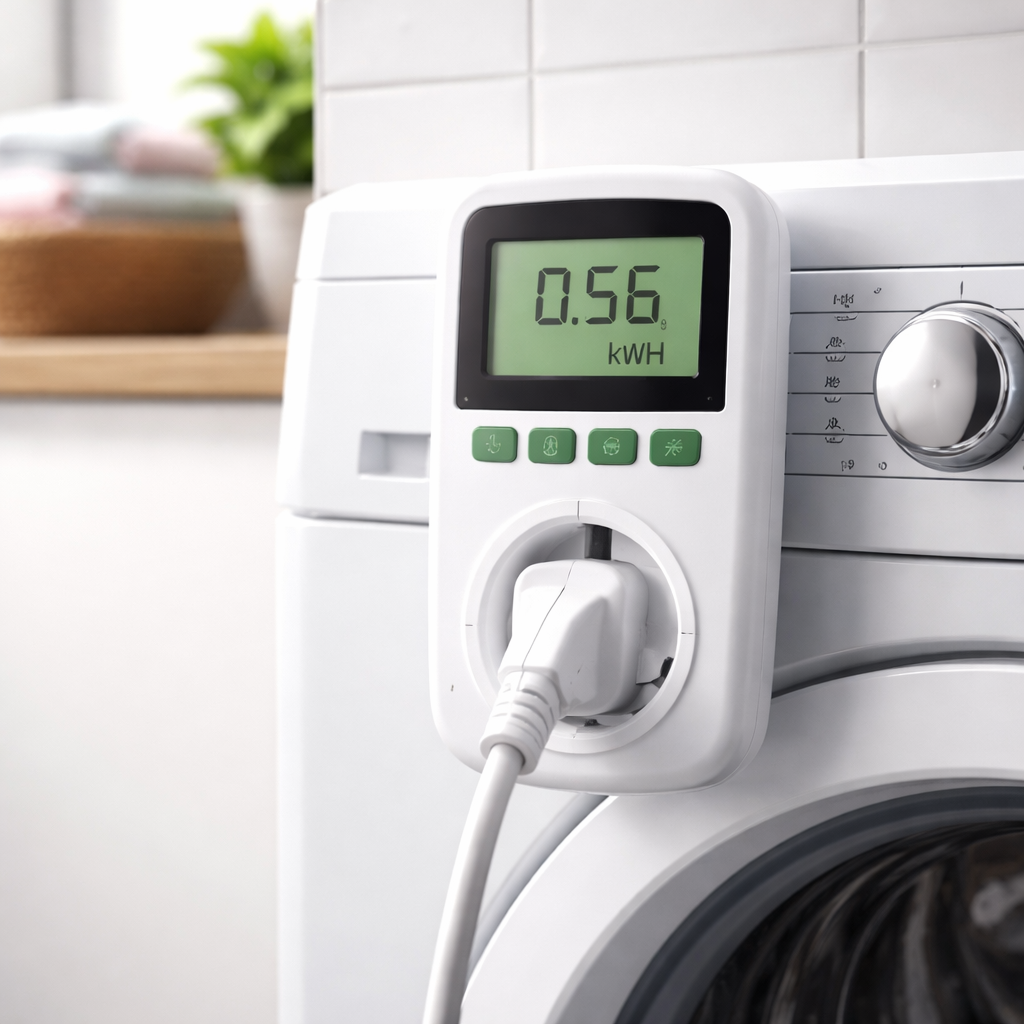 Nahaufnahme eines einfachen Steckdosen-Energiemessgeräts, das am Stecker einer Waschmaschine hängt und kWh anzeigt