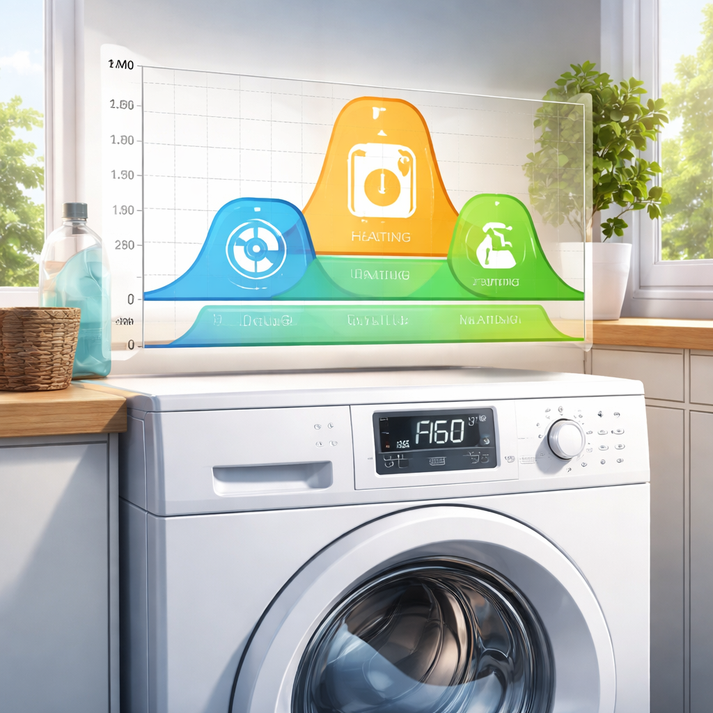 Illustration einer Waschmaschine mit einem Verbrauchsdiagramm, das unterschiedliche Lastphasen (Trommel, Heizung, Pumpen) zeigt