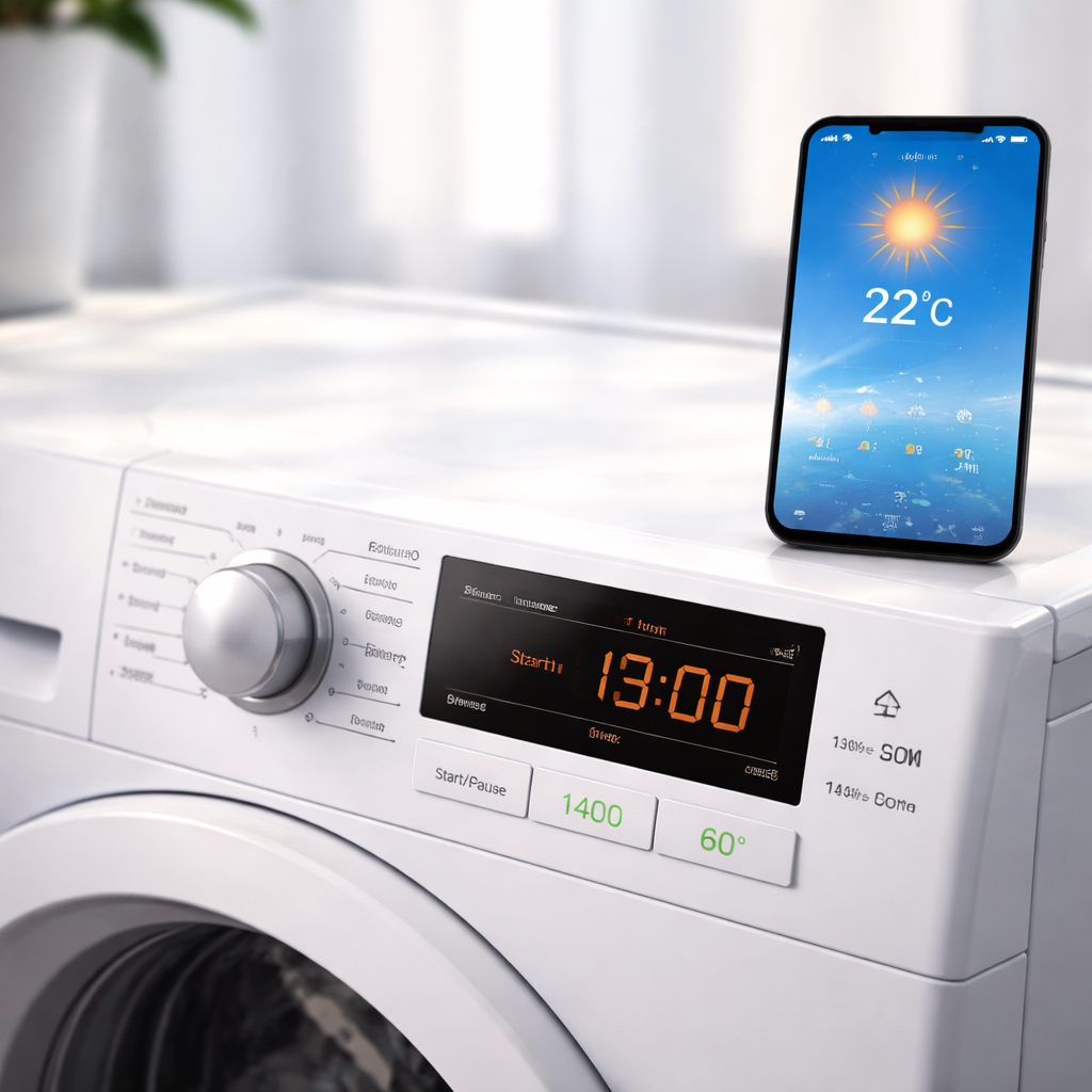 Foto einer Waschmaschinen-Bedienblende mit aktivierter Startzeitvorwahl und einem danebenstehenden Smartphone mit Wetter-App