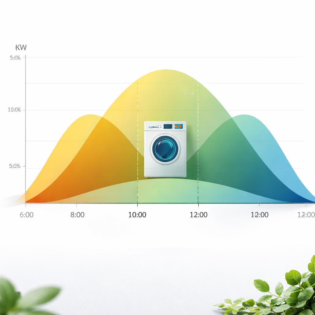 Diagramm mit zwei Erzeugungskurven (Südausrichtung vs. Ost-West) und markiertem günstigen Fenster für Waschmaschinenläufe