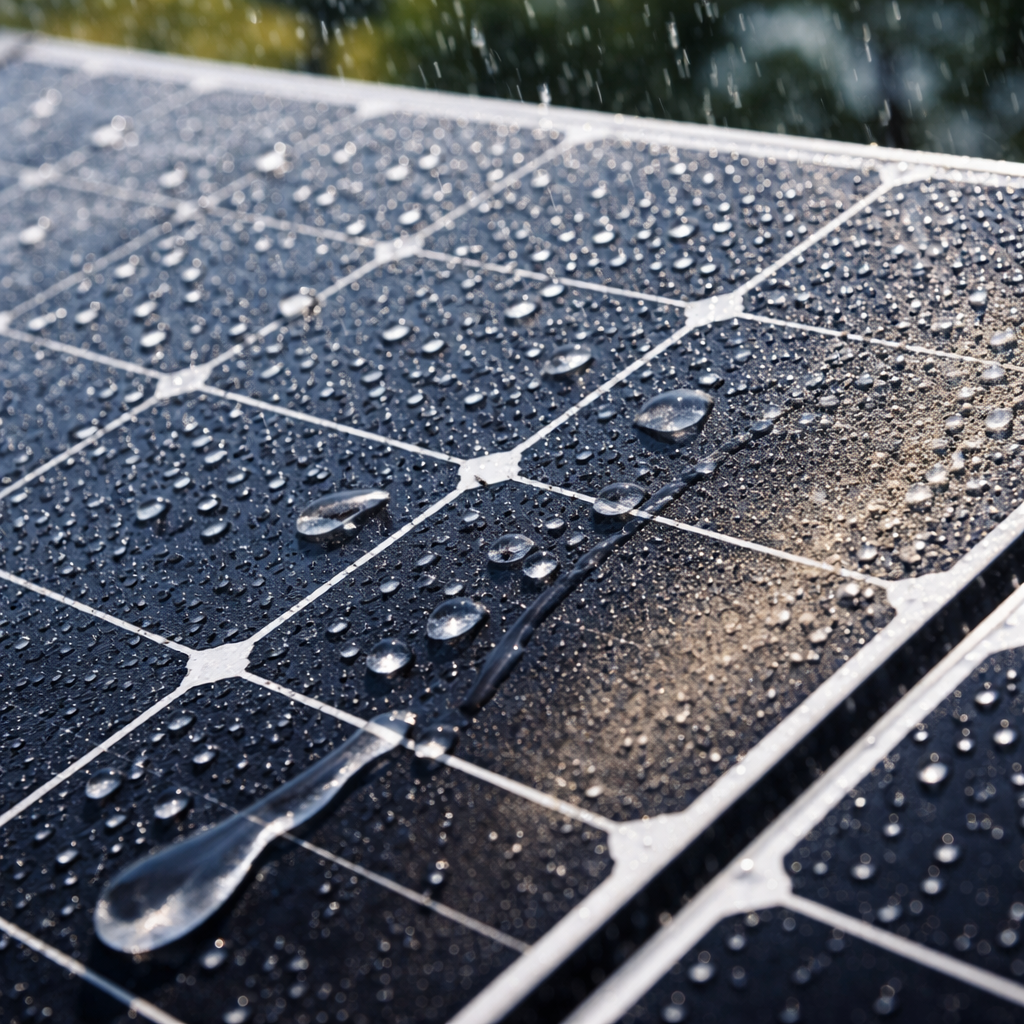 Nahaufnahme: Regentropfen perlen über ein Solarmodul, an einer Stelle sieht man noch einen feinen Staubfilm