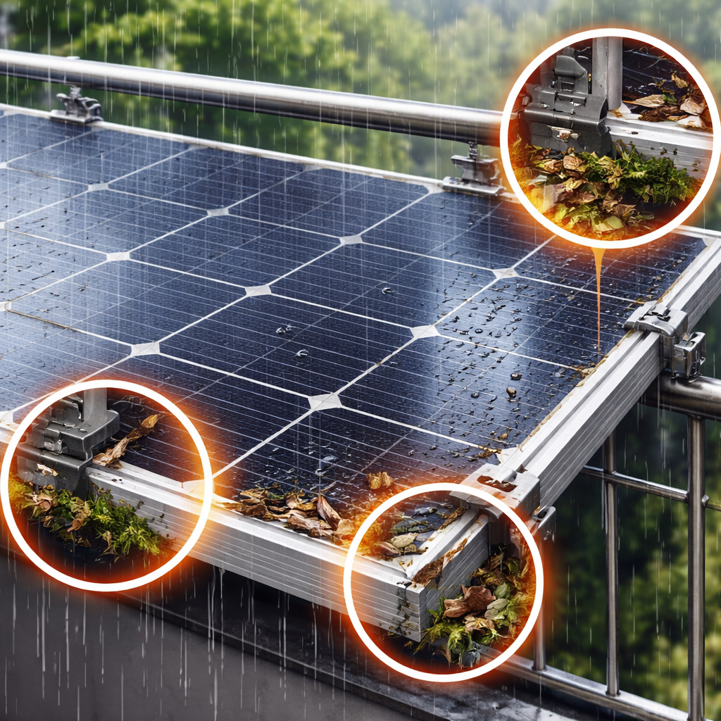 Grafik: Schematische Darstellung eines Moduls mit eingezeichneten Problemzonen (untere Kante, Ecken, hinter Halterungen)