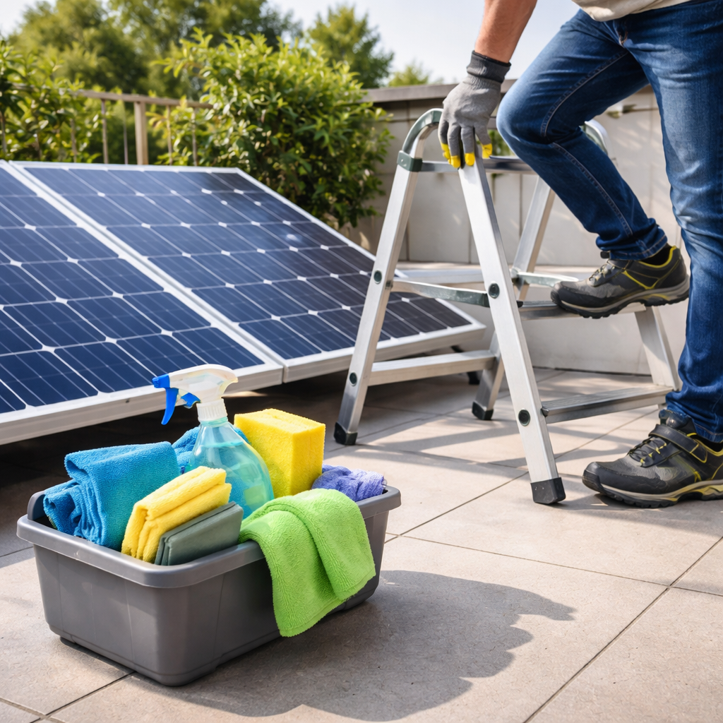 Foto: Person mit rutschfesten Schuhen und Handschuhen, Werkzeugkorb mit Mikrofasertüchern, Schwamm und kleiner Leiter