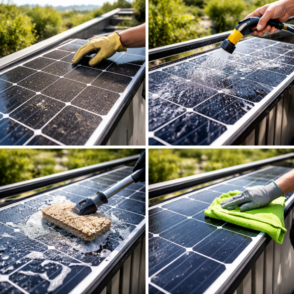 Bildserie: Schritt-für-Schritt in vier kleinen Bildern: Sichtkontrolle, Vorspülen, sanftes Wischen, Trocknen