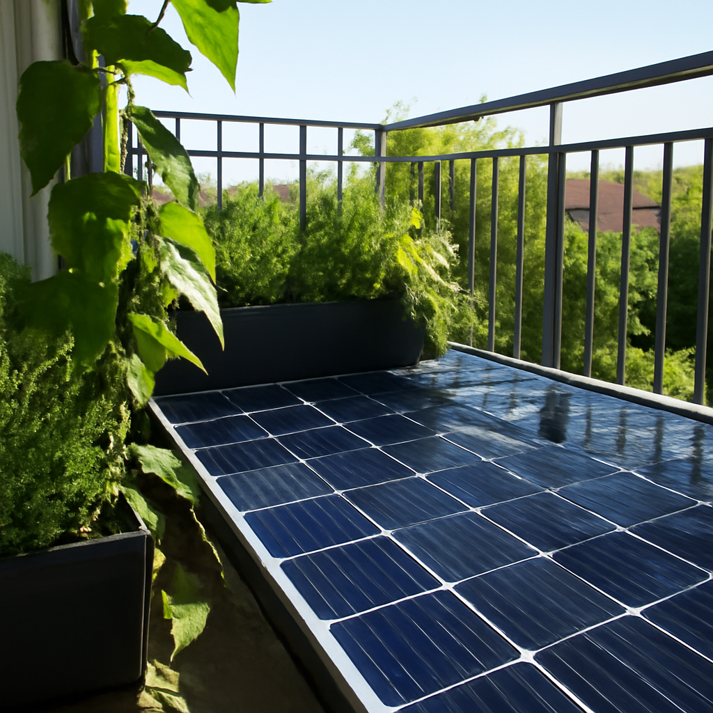 Nahaufnahme eines Balkons mit PV-Modulen und niedrigen Schatten von Pflanzentrieben