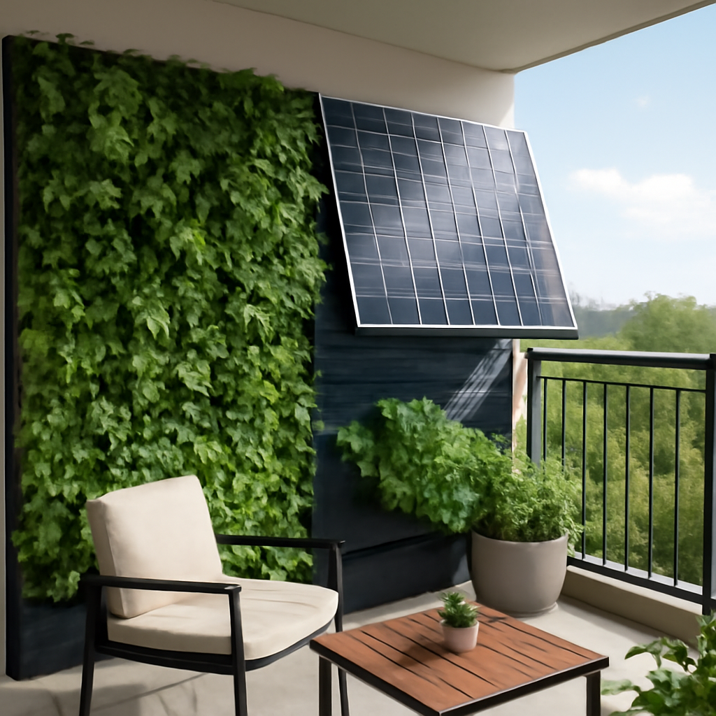 Stilvoller Balkon-Layout-Entwurf mit Pflanzwand und PV-Raster in einer Ecke