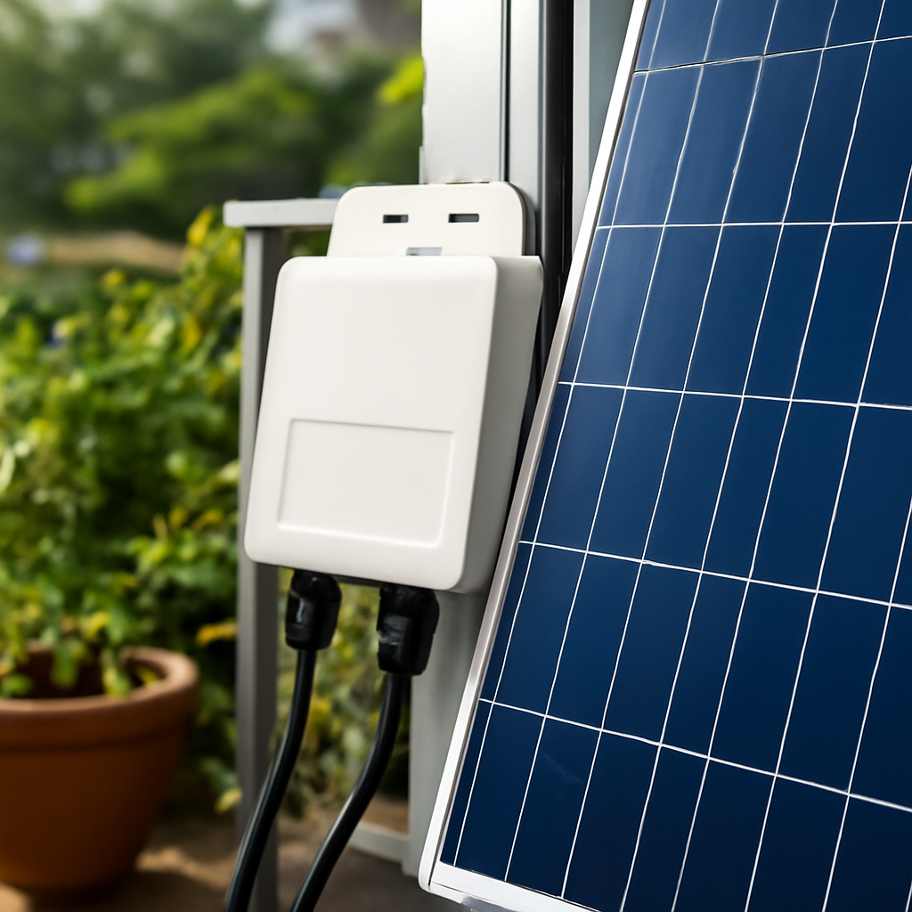 Nahaufnahme eines Mikro-Wechselrichters neben PV-Modulen
