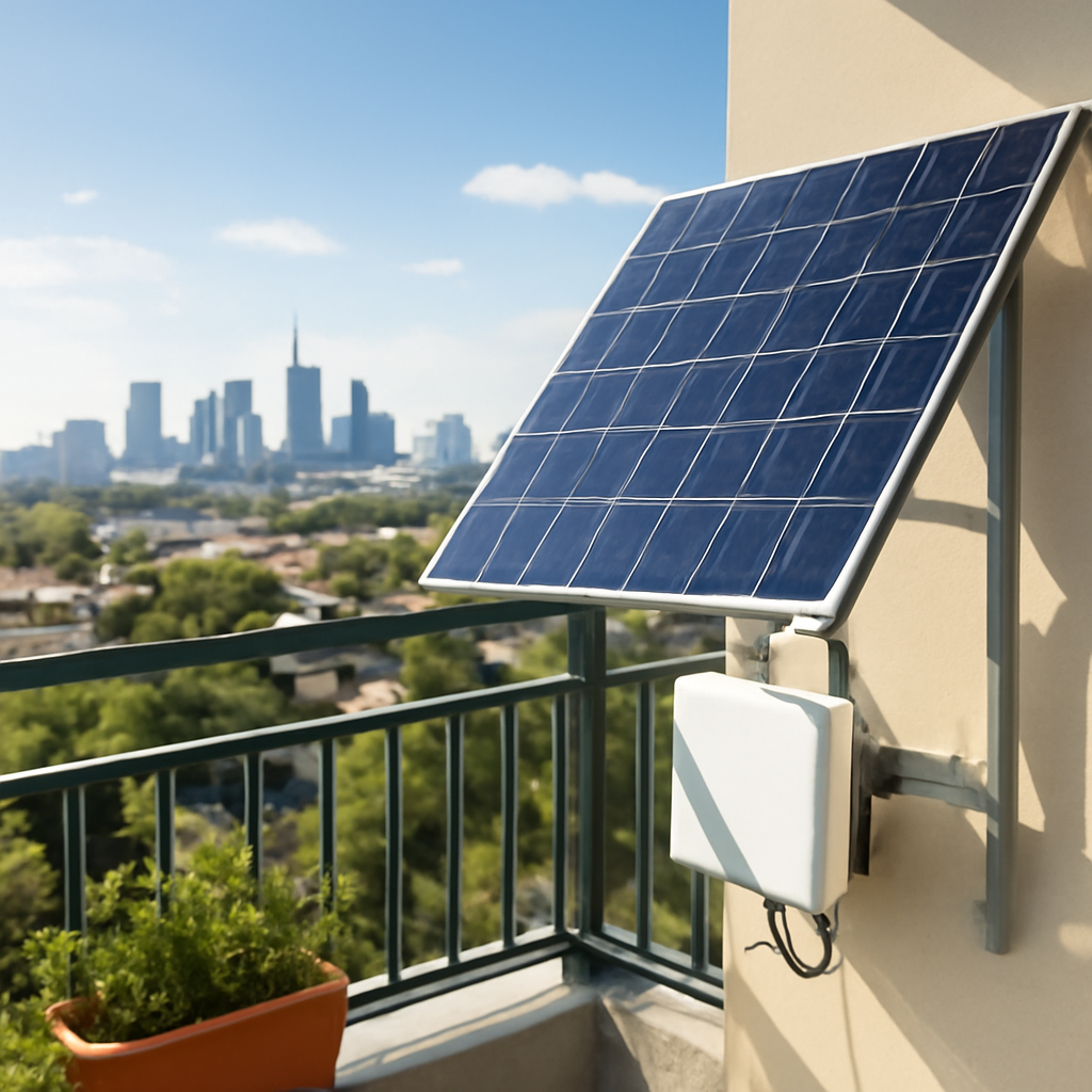 Balkonkraftwerk auf Balkon mit städtischer Skyline im Hintergrund