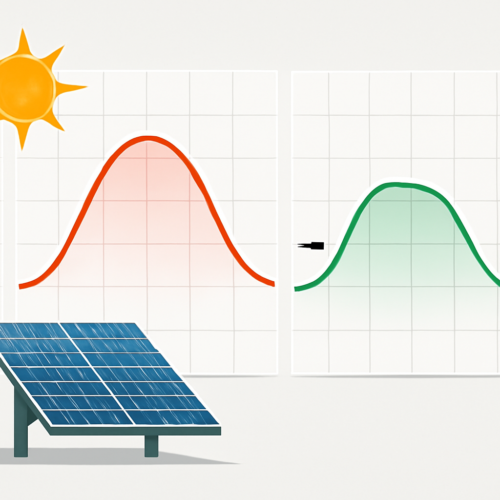 Diagramm Mittagsbegrenzung – Solarfluss vor und nach der Begrenzung