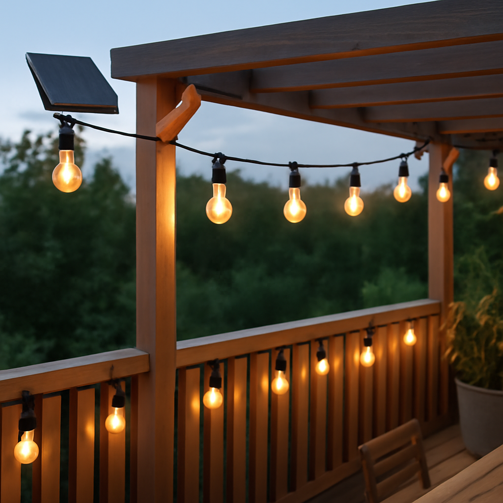 Skizze einer Terrassenlampenkette entlang Brüstung und Pergola