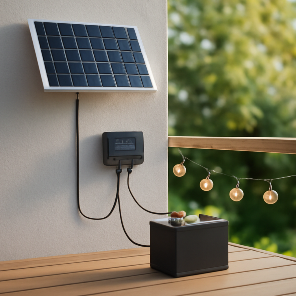 Skizze der Off-grid-Verbindung zwischen Panel, Regler, Batterie und Lichterkette