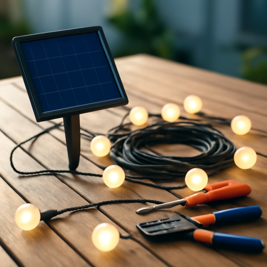 Wartungswerkzeuge neben einer Lichterkette