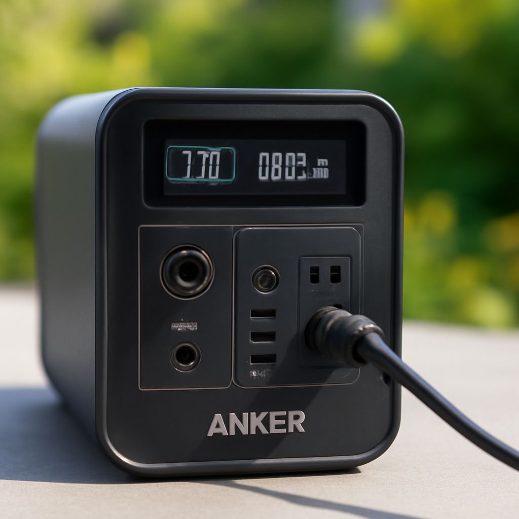Detailaufnahme Anker SOLIX-Gerät mit sichtbaren Anschlüssen und Anzeige, Foto so, dass Bedienfeld und Stecker sichtbar sind