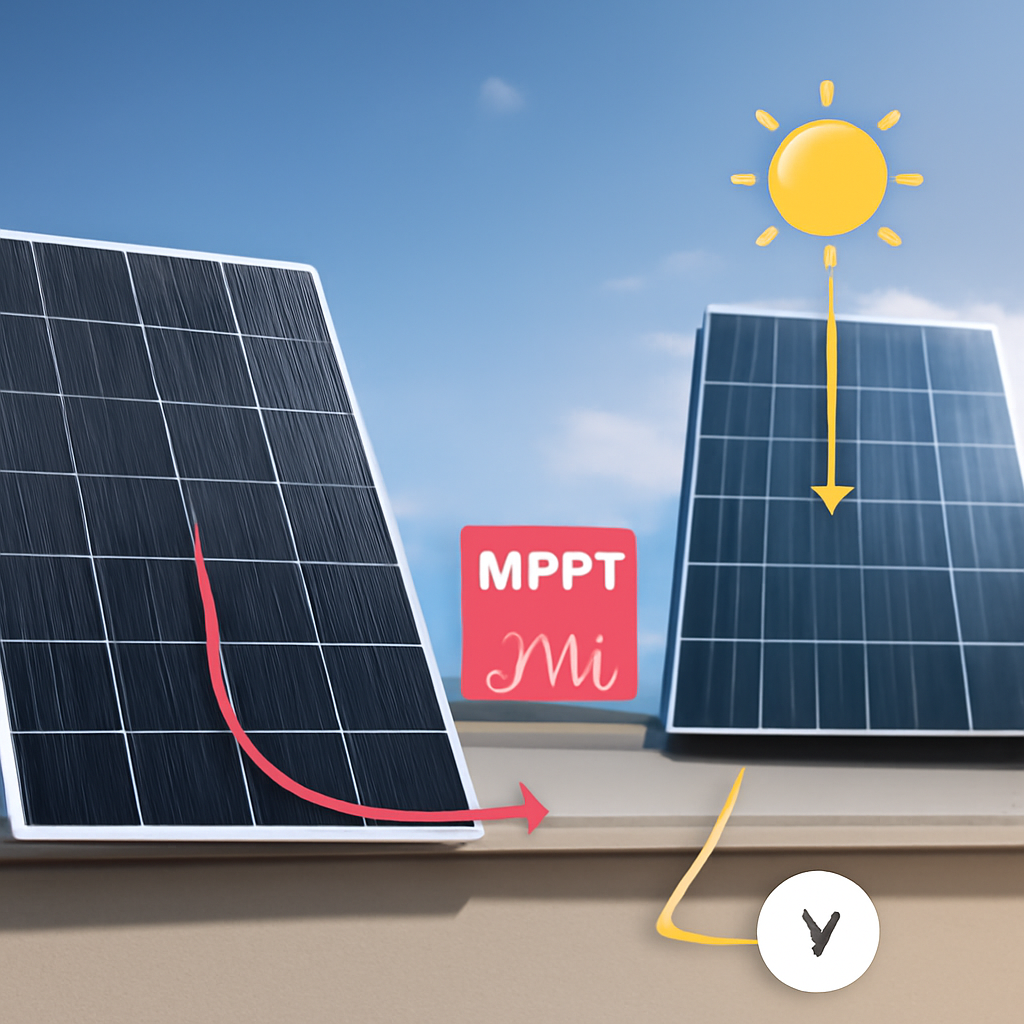 Vergleichsgrafik: zwei Module – eines im Schatten, eines in voller Sonne – mit Pfeilen, die MPPT-Regelung und Energiefluss symbolisieren