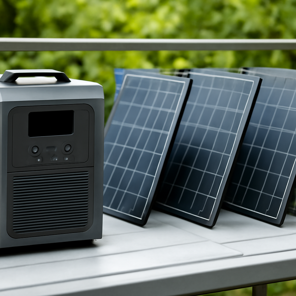 Große Solarbank (Speicher) auf einer wetterfesten Ablage, daneben vier Solarpanels – zeigt modulare Erweiterbarkeit