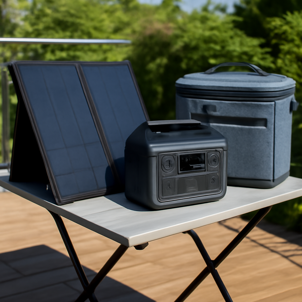 Kleiner Campingtisch mit faltbarem Solarpanel, Powerstation und Kühltasche – kompakte, transportfreundliche Lösung