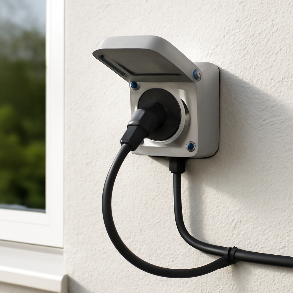 Detail: wetterfeste Außensteckdose mit korrekt geführtem, UV-beständigem Kabel – Beispiel guter Kabelführung