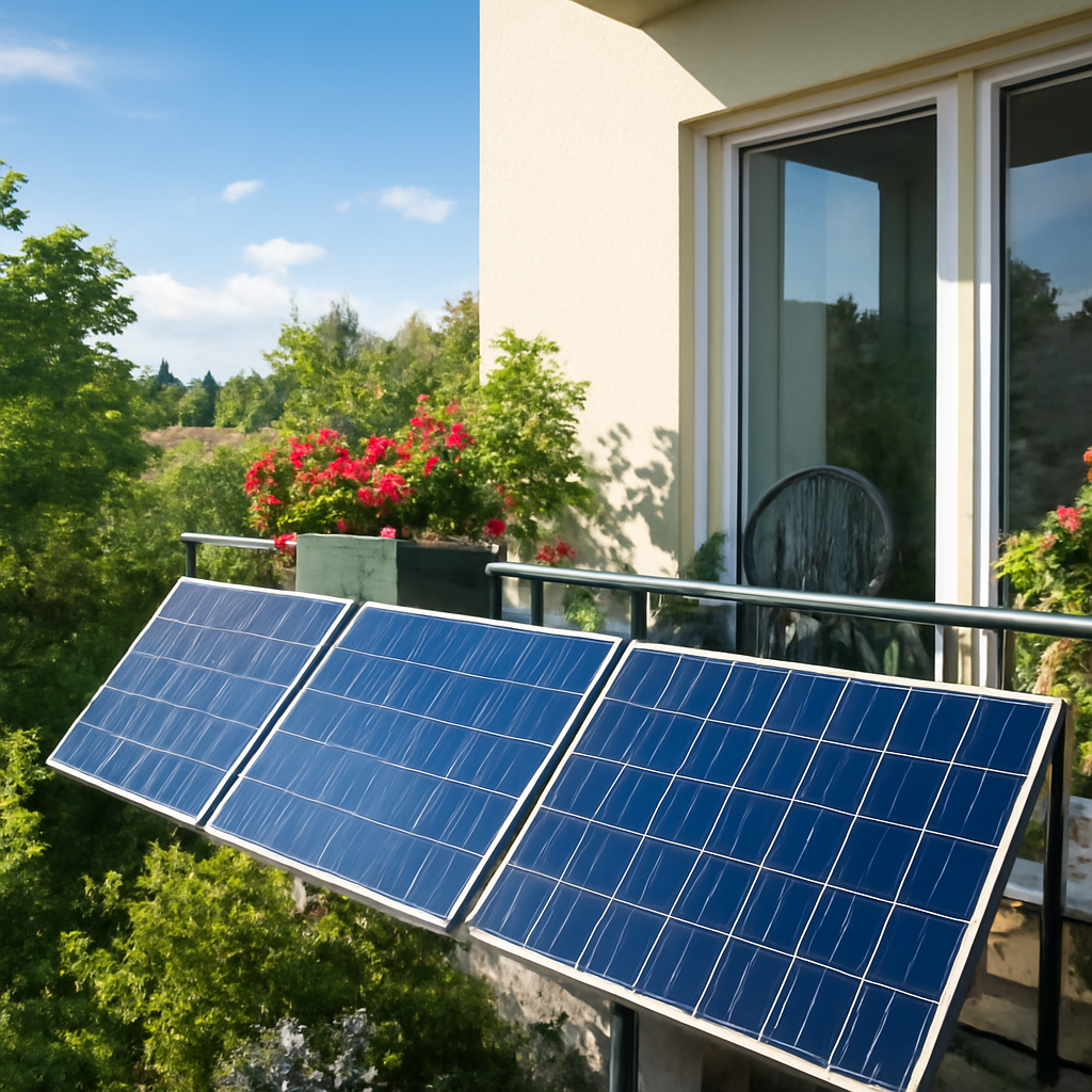 Balkon mit PV-Modulen im Mai, längere Tage