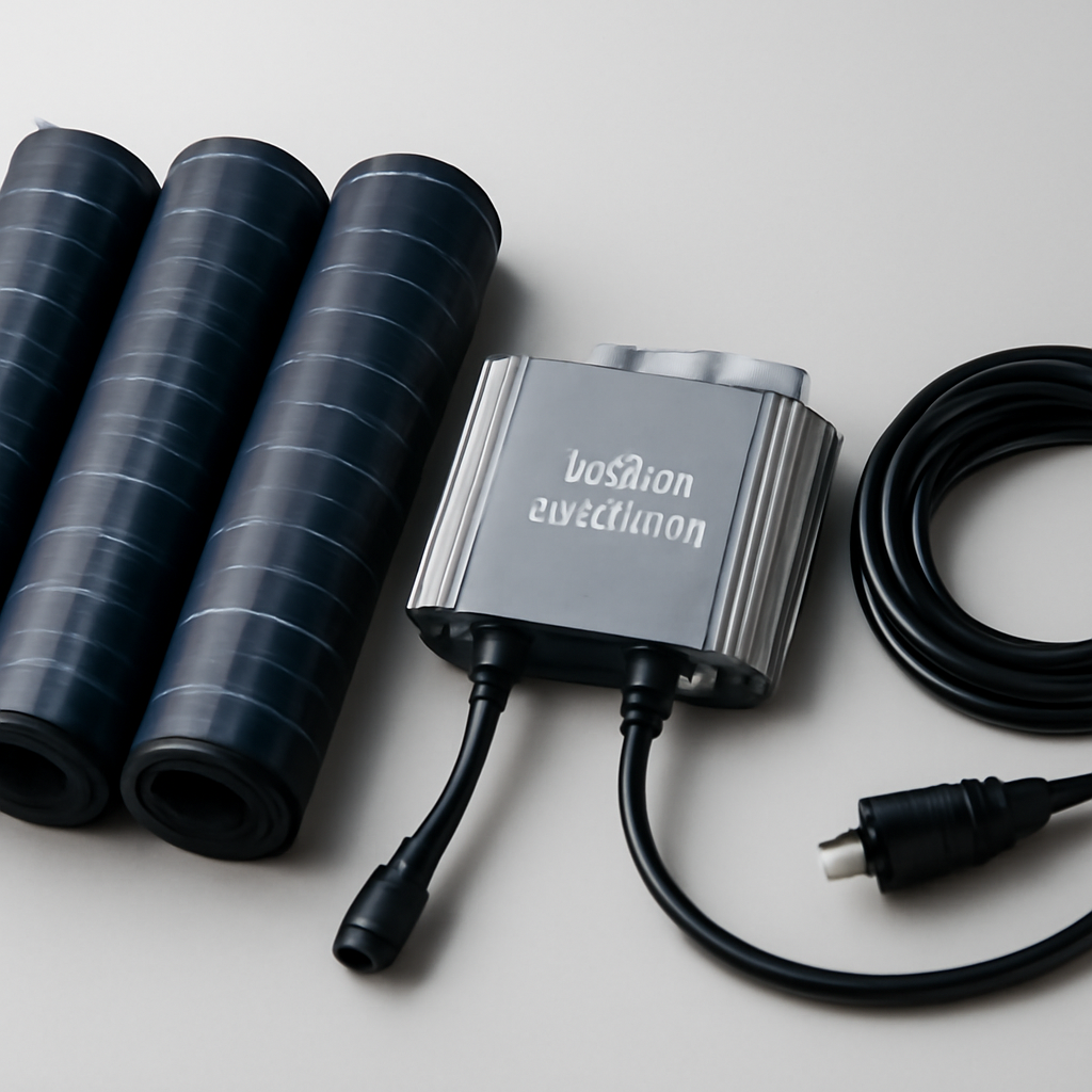 Closeup der Produktkomponenten: vier zusammengerollte flexible Module, ein Microinverter mit Aufschrift, vorkonfektioniertes Schuko‑Kabel