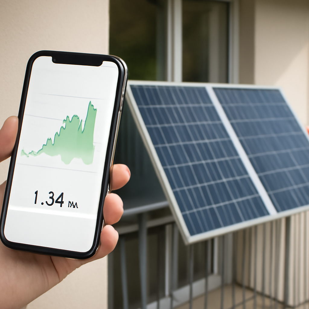 Foto einer App‑Ansicht: Live‑Ertragskurve eines Microinverters auf einem Smartphone, daneben die Module auf einem Balkon