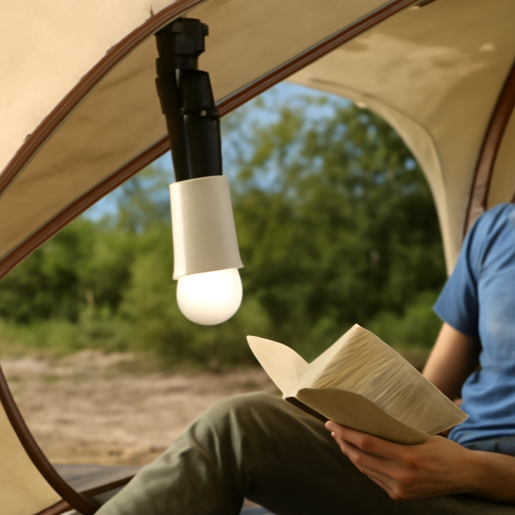 Lampe am Zeltdach, Leseplatz im Camp