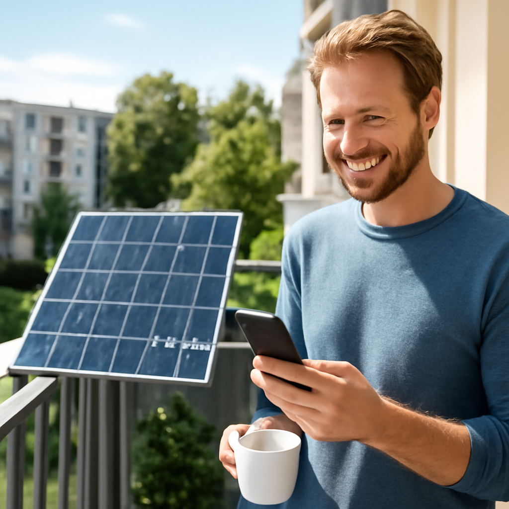 Abschlussbild: Zufriedene Person auf Balkon mit kleiner Solaranlage, Smartphone in der Hand und einer Tasse Kaffee