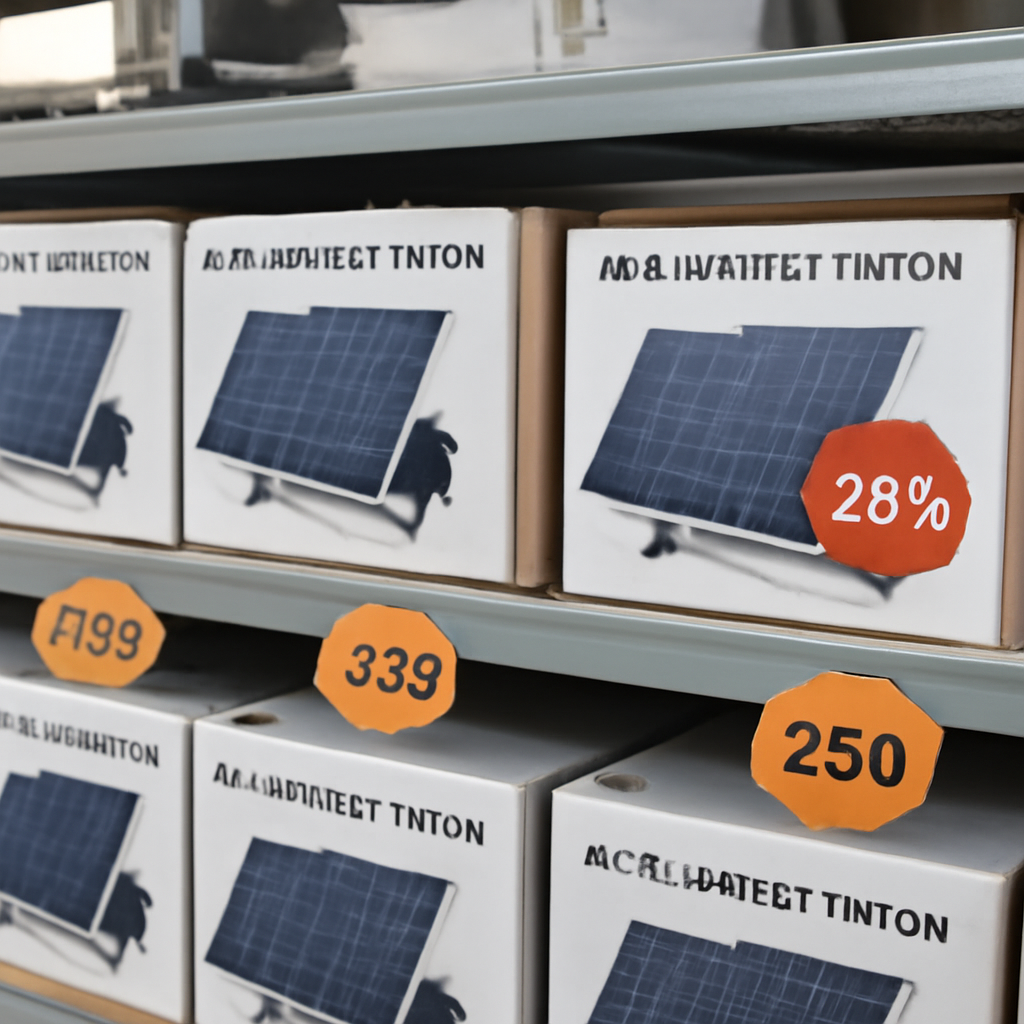 Ein Regal mit verpackten Balkonkraftwerk‑Kits in einem Versandlager, Preisschilder und Rabattaufkleber sichtbar