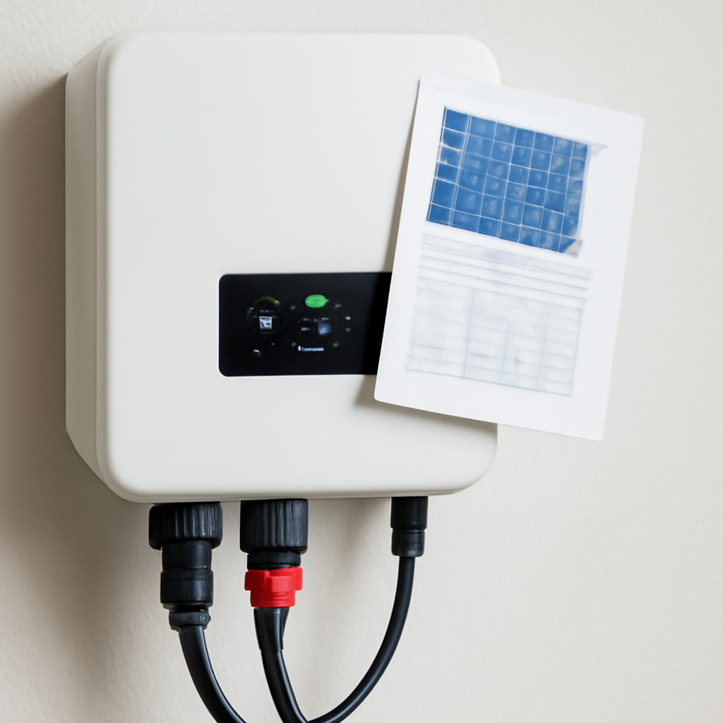 Detailaufnahme eines Wechselrichters mit LED‑Display, angeschlossenen Solarkabeln und einem aufgelegten Datenblatt