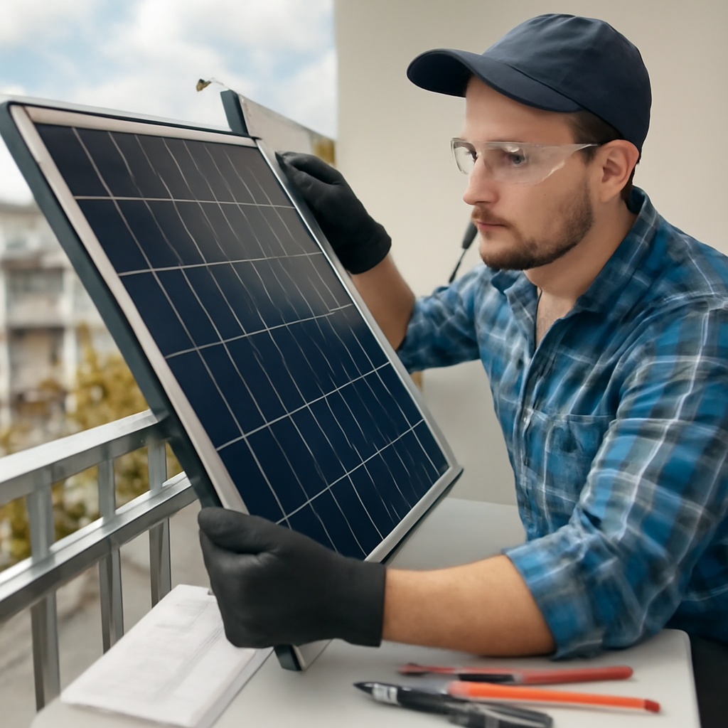 Ein Heimwerker am Balkon montiert ein Solarmodul mit Schutzbrille und Handschuhen, neben ihm liegen Montageanleitung und Werkzeug