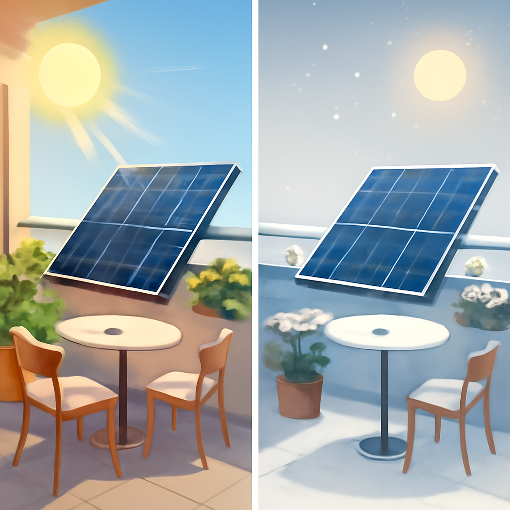 Illustration: Unterschiedliche Sonnenstände Sommer vs. Winter auf einem Balkon mit Solarmodulen