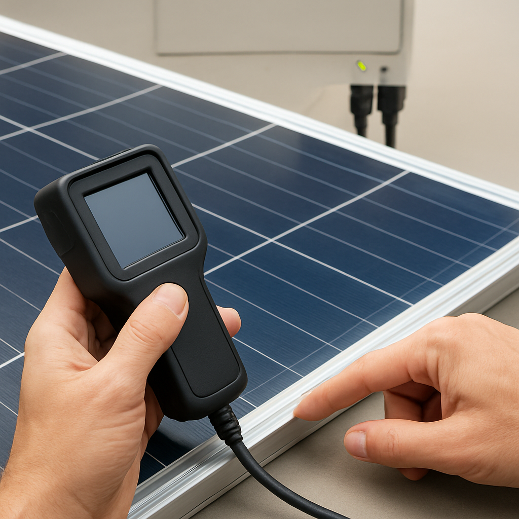 Reinigungsaufnahme: Eine Person reinigt mit weichem Schwamm ein Solarmodul auf einem Balkon, Eimer mit Wasser daneben, keine scharfen Reinigungsmittel sichtbar