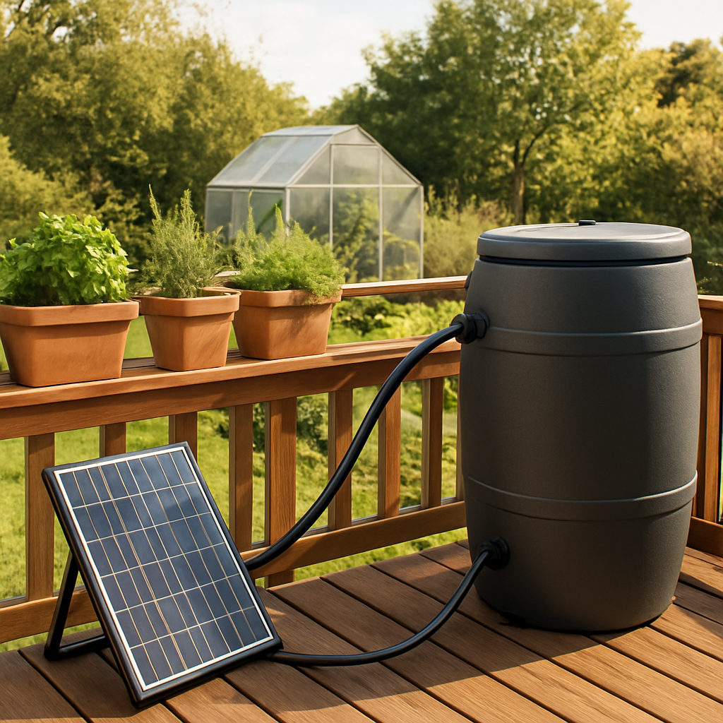 Breites Editorial-Setup im Garten: Terrasse mit Balkongeländer, darauf Töpfe und Kräuter, daneben eine Regentonne mit integrierter Pumpe, deren Schlauch zu Balkonkübeln führt; im Hintergrund ein kleines Gewächshaus und ein Hochbeet. Eine kompakte Solarlösung liefert Energie. Weitwinkelaufnahme, warme Farbtöne, Tageslicht, realistischer redaktioneller Stil, klare Texturen von Kunststoff, Holz und Metall. Keine sichtbaren Texte oder Logos. Aspect ratio: 16:9.
