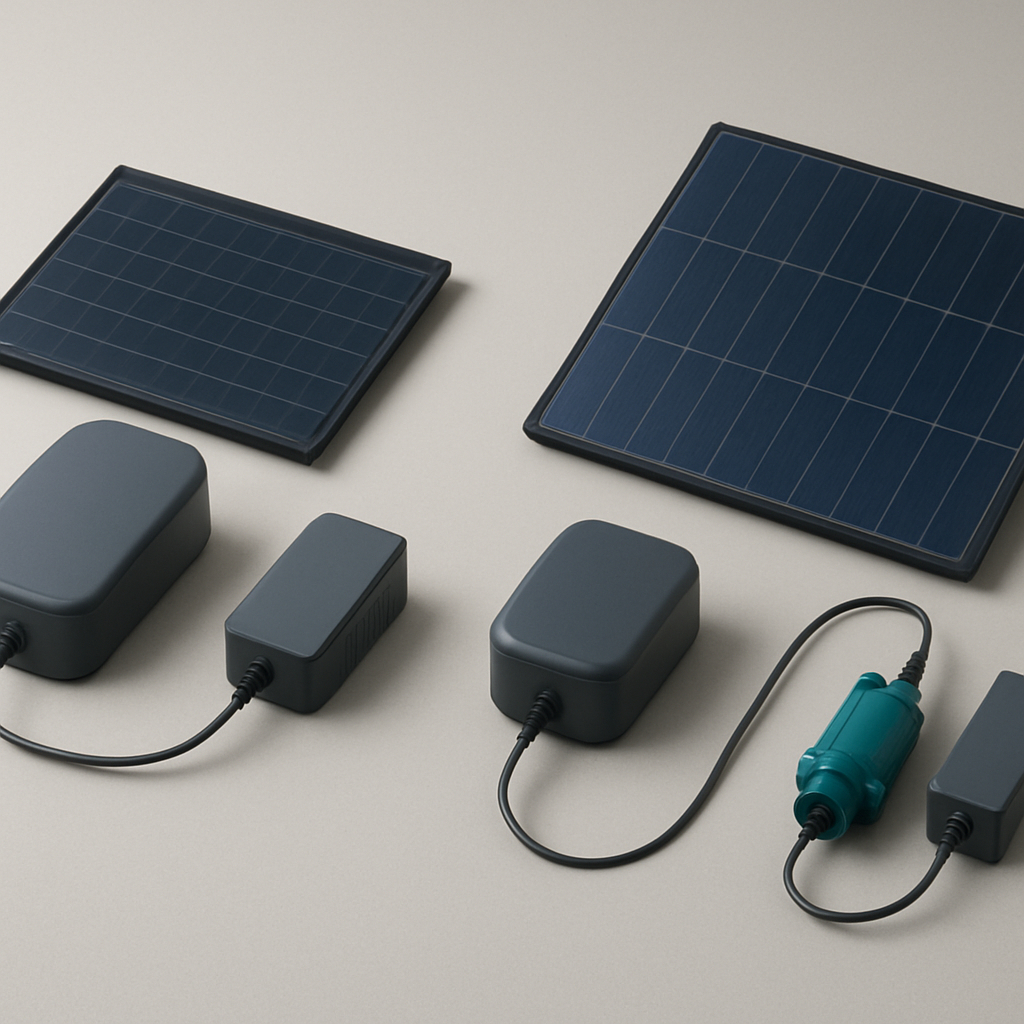 Studioartige Vergleichsszene: Links ein kompaktes Komplettset bestehend aus Solarpanel, Akku und Wechselrichter; rechts ein individuell zusammengestelltes System mit Panel, Akku, Pumpe und Wechselrichter. Alle Komponenten locker auf einer neutralen Fläche arrangiert, Kabel ordentlich geführt. Vermeide sichtbare Markenlogos. Weiche Beleuchtung, neutrale Farbpalette, Fokus auf Größen- und Layout-Unterschied, Perspektive leicht von oben, 16:9.