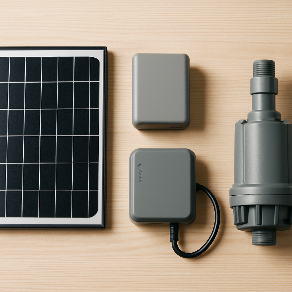 Produkt-Stillleben moderner Solar-Pumpenkomponenten: eine kleine Solarpanelplatte, ein kompakter Akku, ein Wechselrichter und eine robuste Pumpe, alles auf hellem Holztisch arrangiert, ohne Markenlabels sichtbar. Weiche Schatten, neutrale Farben, Studio-Beleuchtung, flache Perspektive, redaktioneller Stil. Aspect ratio: 16:9.