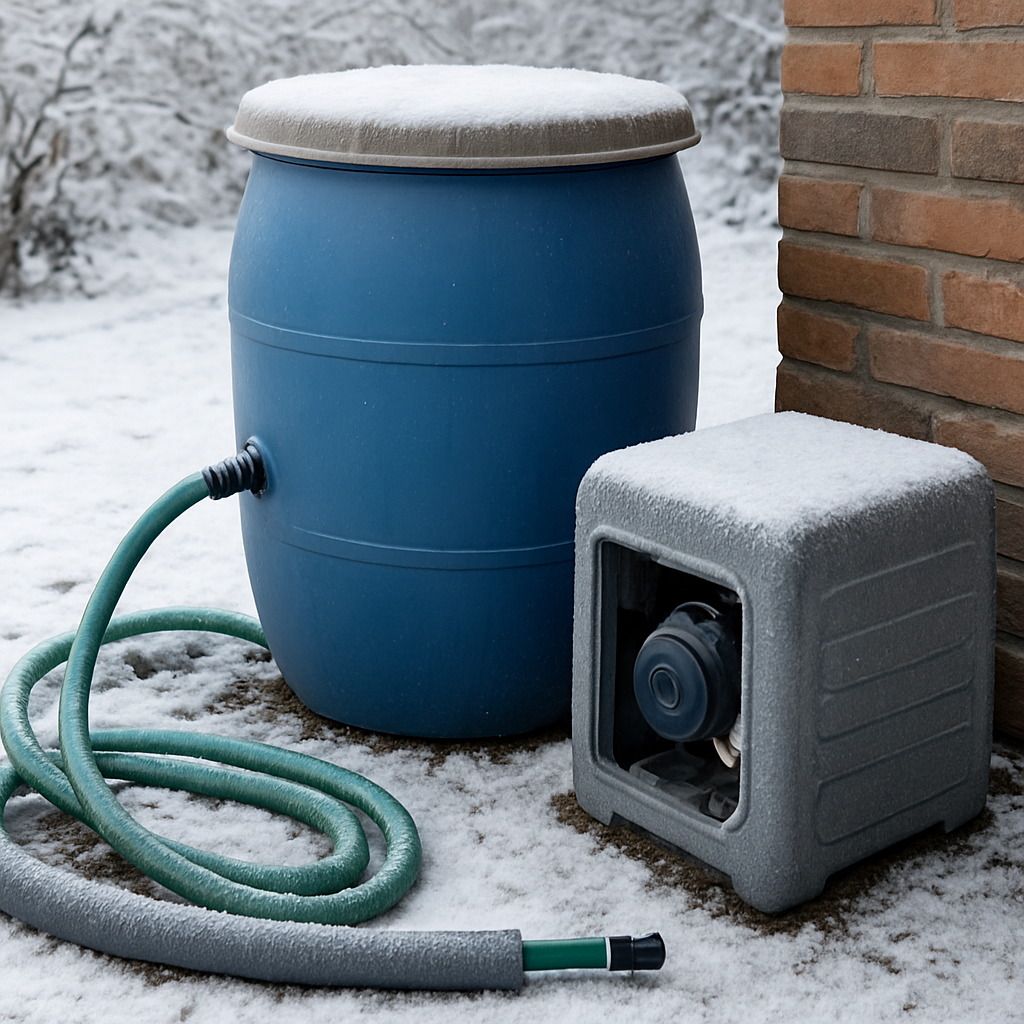 Winterfestes Setup im Außenbereich: Regenfass mit abgedecktem Deckel, entleerte Schläuche, isolierter Schlauch, Frostschutz-Abdeckungen und leicht verschneiter Hintergrund; Pumpenkomponenten in einem frostbeständigen Gehäuse; kühles, klares Licht, seitliche Perspektive, 16:9, realistischer redaktioneller Stil, keine Texte sichtbar.