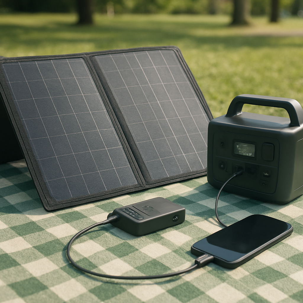 Panel, Regler und Powerstation auf Picknickdecke