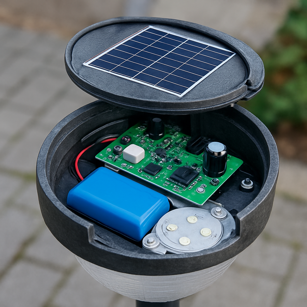 Innenleben einer Solarleuchte: Panel, Akku, LEDs sichtbar
