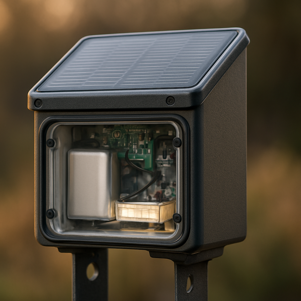 Solarmodul oben, Akkuzugang im Gehäuse sichtbar