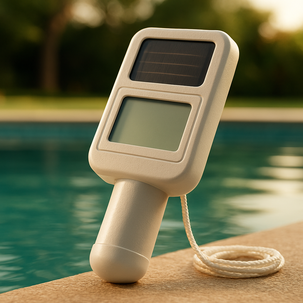 Nahaufnahme eines schwimmenden Thermometers im Becken
